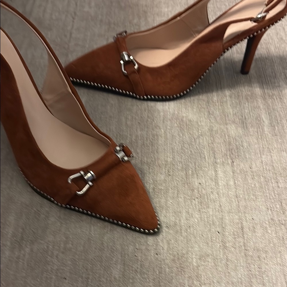 Brown Leather Kitten Heels with Silver Buckle